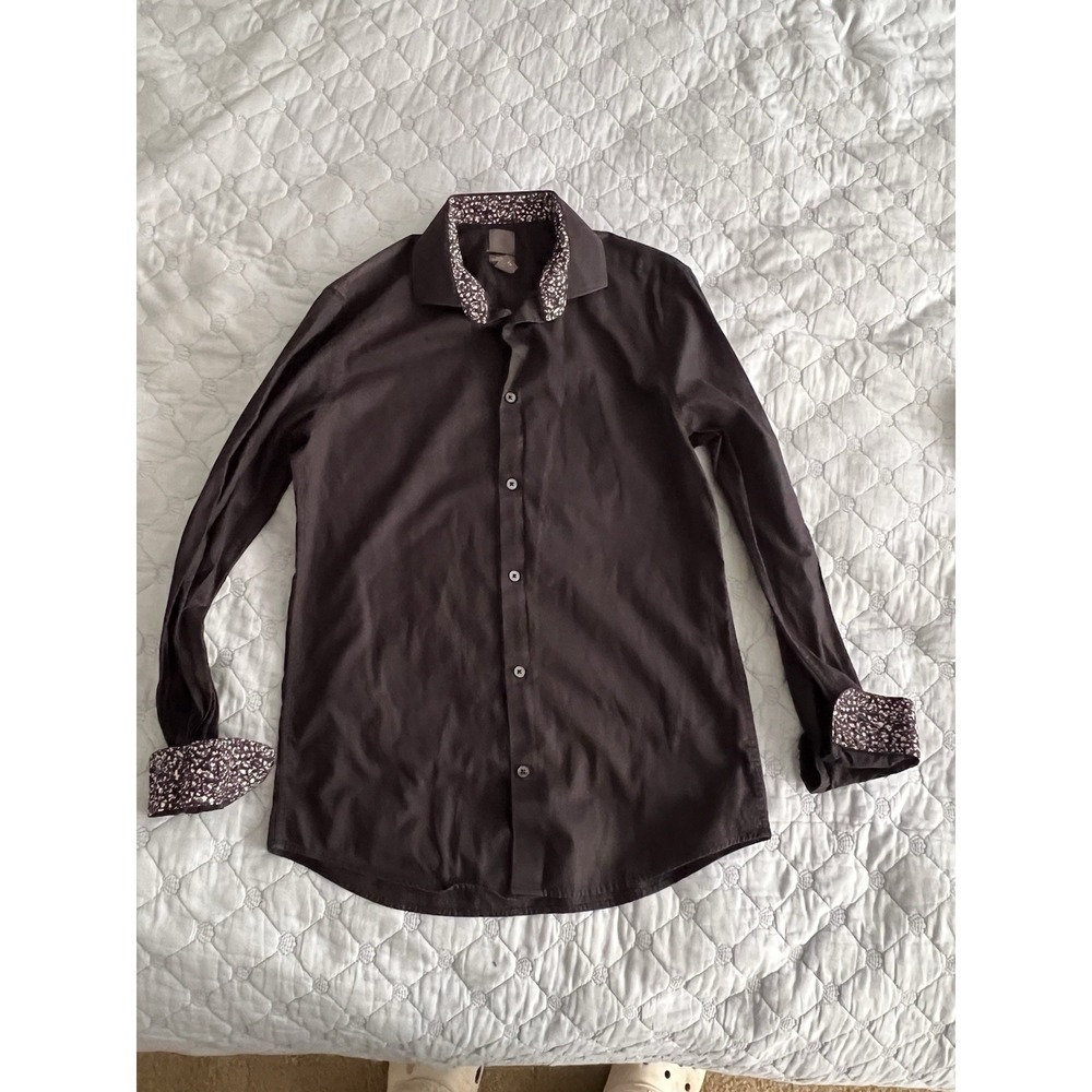 H&M Slim Fit Dress Shirt M 15 3/4 Black Floral Trim Contrast Cuffs & Collar